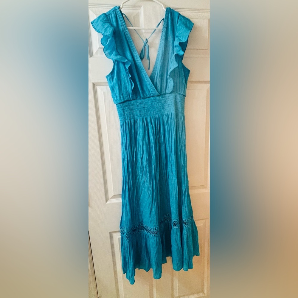 Bright Turquoise Ruffle V-Neck Midi Dress